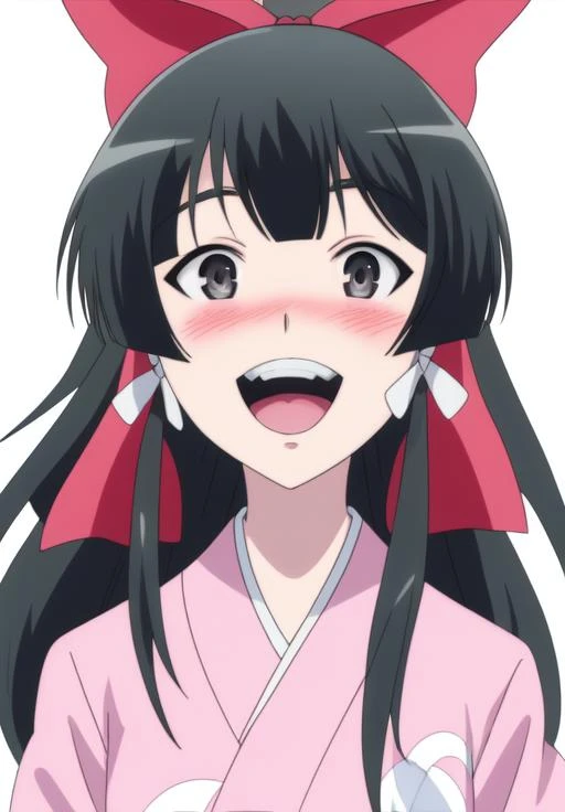 <lora:Yae_Kokonoe:0.8>, Yae_Kokonoe, 1girl, solo, long hair, blush, smile, open mouth, bangs, black hair, :d, hair bow, sidelocks, japanese clothes, teeth, black eyes, red bow, grey eyes, pink kimono, anime coloring, shouji