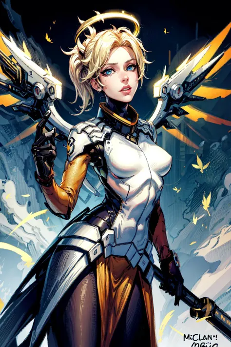 dark art, thick outlines, comics, photorealistic, perfect hands, masterpiece:1.2, futuristic city, 1 girl,<lora:mercy:0.7>, mercy (overwatch), mechanical staff, mechanical halo, blue eyes, blonde hair, pantyhose, mechanical wings, wings, halo, holding, bodysuit, cowboy shot, yellow wings, brown pantyhose, lips, gloves, pelvic curtain, black gloves, small breast, detailed background, detailed face, detailed eyes, <lora:add_detail:0.8>