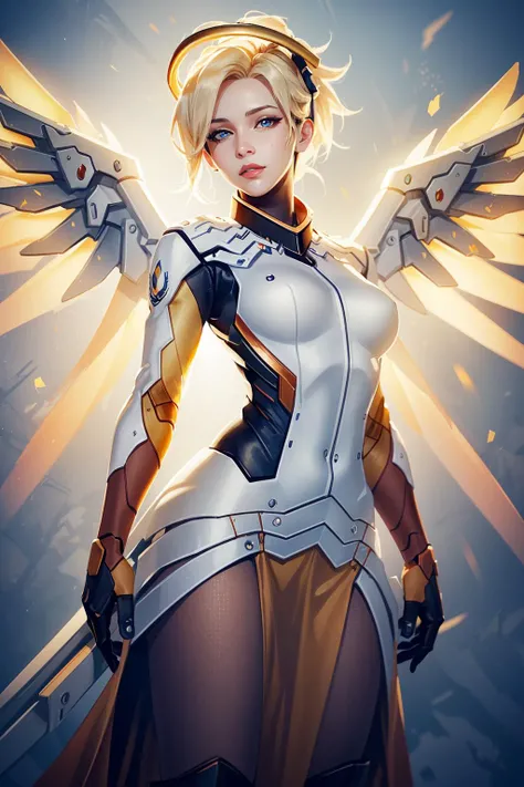 (masterpiece, best quality), intricate details,
1girl, <lora:mercy:0.8> 1girl, solo, mercy (overwatch), mechanical halo, breasts, blue eyes, blonde hair, pantyhose, mechanical wings, wings, halo, holding, bodysuit, cowboy shot, yellow wings, brown pantyhose, lips, gloves, pelvic curtain, black gloves,