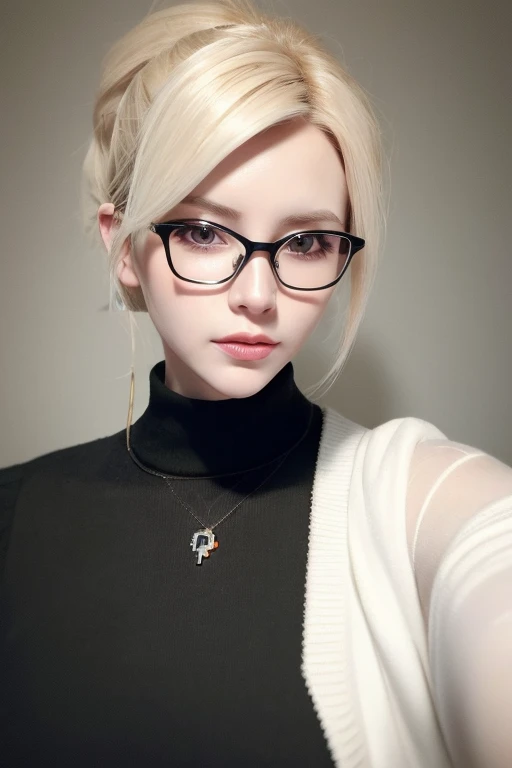 photo, beautiful mature blonde, sharp features, realistic, pale skin, close up selfie of mercy (overwatch), ((halo)), messy blonde ponytail, glasses, ((black sweater)), low harsh lighting,tiktok, beautiful, instagram, analog, film grain,<lora:mercyOverwatch_v10:0.45>