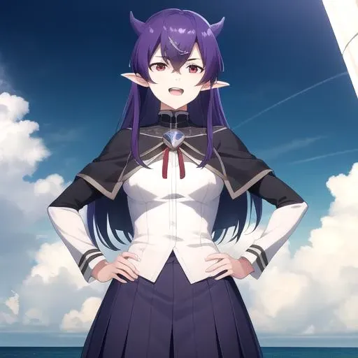 ((masterpiece)),(best quality),official art,extremely detailed CG,unity 8k wallpaper,ultra detailed,A lighthouse on a cliff by the sea,1girl,solo,upper body,close-up,looking at viewer,maria (eiyuu kyoushitsu),long hair,pointy ears,short capelet,black capelet,white shirt,long sleeves,juliet sleeves,puffy sleeves,medium breasts,turtleneck shirt,red ribbon,crossed bangs,choker,purple hair,socks,demon girl,purple skirt,horns,red eyes,glaring,evil smile,hands on hips,open mouth,loafers,<lora:Maria(ek)>,