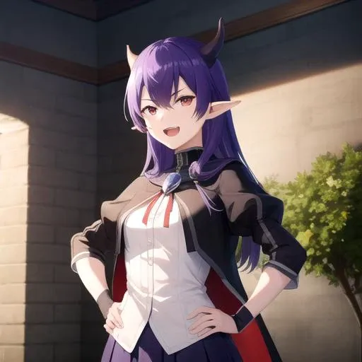 ((masterpiece)),(best quality),official art,extremely detailed CG,unity 8k wallpaper,ultra detailed,A lighthouse on a cliff by the sea,1girl,solo,upper body,close-up,looking at viewer,maria (eiyuu kyoushitsu),long hair,pointy ears,short capelet,black capelet,white shirt,long sleeves,juliet sleeves,puffy sleeves,medium breasts,turtleneck shirt,red ribbon,crossed bangs,choker,purple hair,socks,demon girl,purple skirt,horns,red eyes,glaring,evil smile,hands on hips,open mouth,loafers,<lora:Maria(ek)>,
