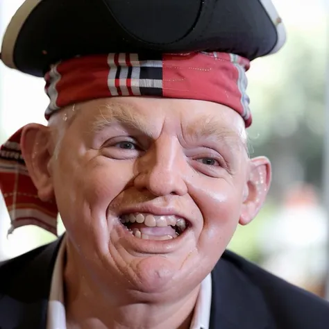 real photo of (slh donald trump), smiles, bad teeth, missing teeth, hilarious, press conference, (raw, analog, fuji film xt3), soft lighting <lora:slh_lora_v1_e3:0.75> , pirate hat