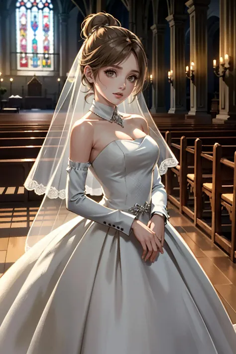 ((ultra detailed, masterpiece, best quality))
 <lora:RuleJennifer:0.8>
RuleJennifer, 1girl, solo, hair bun, wearing a wedding dress, bridal veil, inside a church