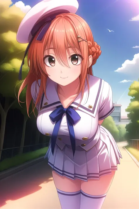 masterpiece, best quality, absurdres, <lora:GoodHands-vanilla:1>, <lora:outline:0.3>, <lora:add_detail:0.6>
<lora:fujigasaki_v1:0.9>, Fujigasaki Miho, 1girl, (medium breasts:1.2), brown eyes, brown hair, orange hair, long hair, braid, french braid, eyebrows visible through hair, hair between eyes, BREAK, school uniform, short sleeves, white skirt, pleated skirt, thighhighs, dixie cup hat, hat ribbon, hair ornament, hairclip
natural lighting, soft lighting, backlighting, intricate shadow, hdr, volumetic lighting, highly detailed background, messy background,
(afternoon:1.2)
cowboy shot, looking at viewer, building, outdoors, trees, street, clouds, sky, smile, arms behind back, leaning forward