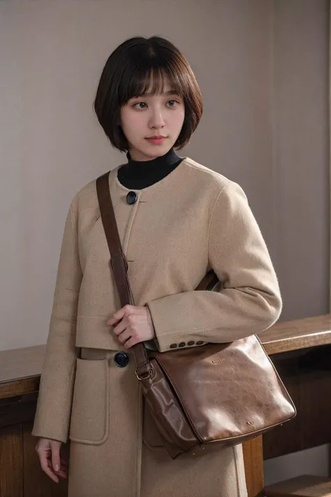 <lora:ExAttnWoo_V2aa_Locon:1>, medium shot, front view, realistic photo of ExAttnWoo, a woman, 30 years old, short, wearing a tan jacket with black buttons, brown shoulder bag, standing in court, looking down, simple background, (masterpiece:1.0), (best quality:1.0), beautiful, (intricate details), unity 8k wallpaper, ultra detailed, cimematic lighting