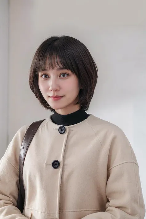 <lora:ExAttnWoo_V2aa_Locon:1>, medium shot, front view, realistic photo of ExAttnWoo, a woman, 30 years old, short, wearing a tan jacket with black buttons, smirking, standing, rolling her eyes, simple background, (masterpiece:1.0), (best quality:1.0), beautiful, (intricate details), unity 8k wallpaper, ultra detailed, cimematic lighting