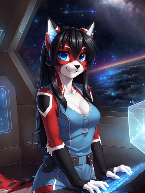 a beautiful and detailed (cute portrait) of ((ara)), skinny, cat, adorable, red fur, white fur, long black hair, blue eyes, medium breasts, blue sleeveless military dress uniform with side slits, typing at holographic computer, cleavage, grin, looking up, tail, black fur, anthro, furry, holographic screen, scifi, uploaded e621, detailed fluffy fur, (by fluff-kevlar, Bayard Wu, personalami, Pino Daeni), detailed face, (fluffy),<lora:ARTarav1 fluffyrock 576 r7:1>,