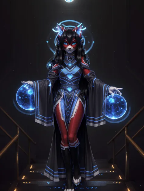 a beautiful and detailed (cute portrait) of ((ara)), skinny, cat, adorable, red fur, white fur, long black hair, blue eyes, elaborate blue techno robes, one arm raised, techno-god, descending stairs, full body, holographic sphere, blue neon halo, tail, black fur, anthro, furry, uploaded e621, detailed fluffy fur, (by fluff-kevlar, Bayard Wu, personalami, Pino Daeni), detailed face, (fluffy),<lora:ARTarav1 fluffyrock 576 r7:1>, <lora:ARThipoly3DModelLora_v10:0.7>