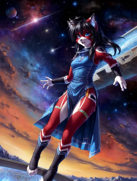a beautiful and detailed (portrait) of ((ara)) floating in a space station, petite, skinny, cat, red fur, white fur, black hair, blue eyes, standing at attention, blue sleeveless military dress uniform with side slits, shocked, suprised, floating in space, floating, zero gravity, looking at viewer,tail, black fur, anthro, furry, space ship bridge, holographic screen, scifi, uploaded e621, detailed fluffy fur, (by fluff-kevlar, Bayard Wu, personalami, Pino Daeni), impasto impressionism, detailed face, (fluffy),<lora:ARTarav1 fluffyrock 576 r7:1>, <lora:UTILITYadd_detail:1>