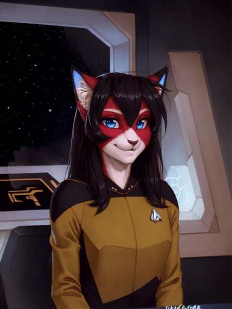 a beautiful and detailed (cute portrait) of ((ara)) as commander data on the bridge of the starship enterprise, star trek, skinny, cat, red fur, white fur, long black hair, blue eyes, tail, black fur, in a yellow s3sttngsuit uniform, cute pose, smile, anthro, furry, uploaded e621, detailed fluffy fur, (by fluff-kevlar, totesfleisch8, Bayard Wu, personalami, Pino Daeni), detailed face, (fluffy),<lora:ARTarav1 fluffyrock 576 r7:1>, <lora:FEATURE_TNGuniforms:0.7>