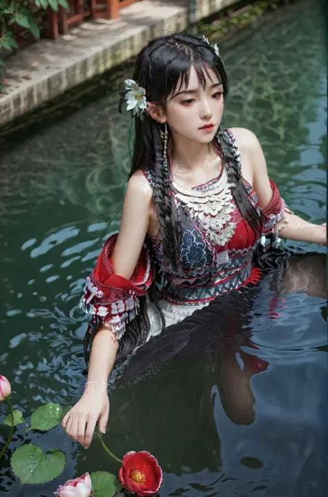 ((Masterpiece))), (Best Quality)), (Ultra Detailed), (Illustration), (Very Tasty and Beautiful), Dynamic, Floating, (Beautiful), (Light of Detail) 1 Girl, Pointy, Long Hair, Water, Solo, Elf, Seated, Half, White Hair, Chain, Green Eyes, Toeless Legs, Barefoot, Jewelry, Viewer, Feathers, Leaves, Nature, (Sunlight), River, (Forest), (Painting), (Sketch), (Blossom), (Portrait: 1.2), (Butterfly: 1.2), (Tindale effect), obscure, Hanfu
