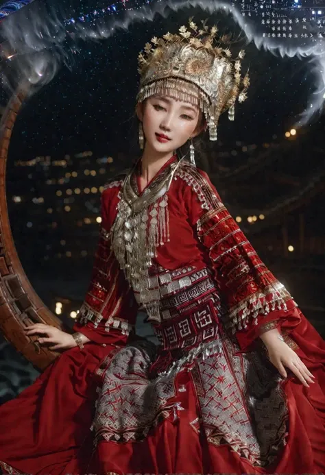 open eyes,smile,huge breasts,In a vast and starry sky,a young Chinese woman in an elegant celestial red robe floats effortlessly. The robe is made of a fine silk that billows and ripples as she moves,almost dissolving into the vaporous skyscape. Intricate gold embroidered patterns adorn her sleeves and hem,adding a touch of elegance and sophistication. Wisps of fog swirl around her like silky veils,creating a sense of mystery and intrigue,
(High quality, Superb lighting, Highly detailed, Sharp focus, 8K UHD, masterpiece art),<lora:Hmong_costume_Red_XL_V2:1>,hat,