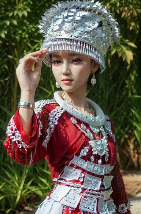 1girl,solo,hat,red,outdoors,jewelry,earrings,realistic,pearl \(gemstone\),dress,<lora:Hmong_costume_Red_XL_V2:1>,