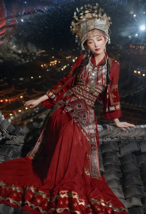 open eyes,smile,huge breasts,In a vast and starry sky,a young Chinese woman in an elegant celestial red robe floats effortlessly. The robe is made of a fine silk that billows and ripples as she moves,almost dissolving into the vaporous skyscape. Intricate gold embroidered patterns adorn her sleeves and hem,adding a touch of elegance and sophistication. Wisps of fog swirl around her like silky veils,creating a sense of mystery and intrigue,
(High quality, Superb lighting, Highly detailed, Sharp focus, 8K UHD, masterpiece art),<lora:Hmong_costume_Red_XL_V2:1>,hat,