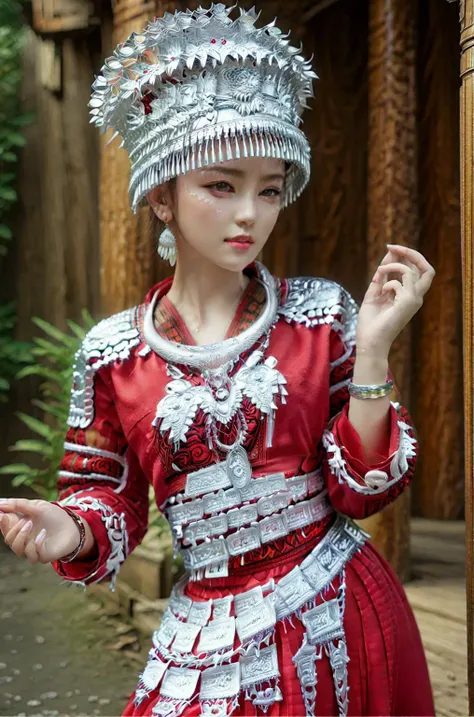 1girl,solo,hat,red,outdoors,jewelry,earrings,realistic,pearl \(gemstone\),dress,<lora:Hmong_costume_Red_XL_V2:1>,