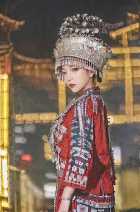 1girl,solo,black hair,hat,standing,blurry background,red lips,blurry,long sleeves,black eyes,dynamic light,<lora:Hmong_costume_Red_XL_V2:1>,