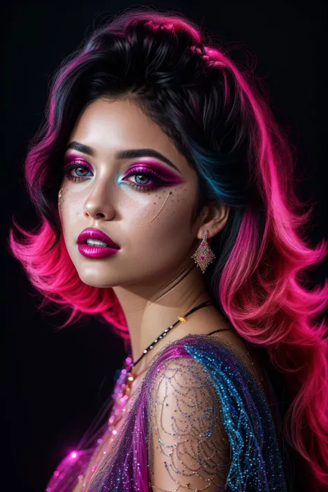 (color scheme colorful), (bioluminescent 1girl, wearing bioluminescent high-low dress, jewelry, makeup, painted lips), wavy hair, black hair with hot pink highlights, black background, sparkles, mid shot, hyperrealistic, elegant, <lora:add_detail:0.5> <lora:boldline:0.2> <lora:J_diagram:0.9> J_diagram