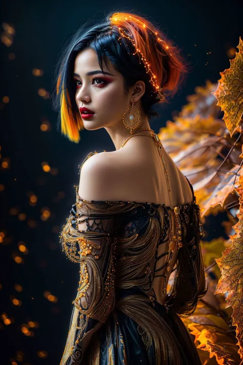 (color scheme fall colors, red, yellow, orange, brown), (bioluminescent 1girl, wearing bioluminescent off-the-shoulder dress, jewelry, makeup, painted lips), buzz cut hair, black hair with yellow highlights, black background, fireflies, mid shot, hyperrealistic, elegant, <lora:add_detail:0.5> <lora:boldline:0.2> <lora:J_diagram:0.9> J_diagram