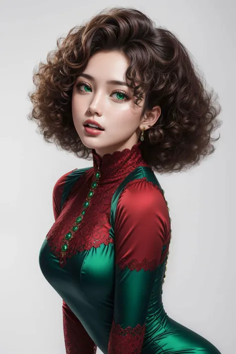 (1girl, wearing complementary colors, green and red, high-neck dress), curly brunette hair, white background, mid shot, hyper realistic <lora:add_detail:0.5> <lora:boldline:0.2>