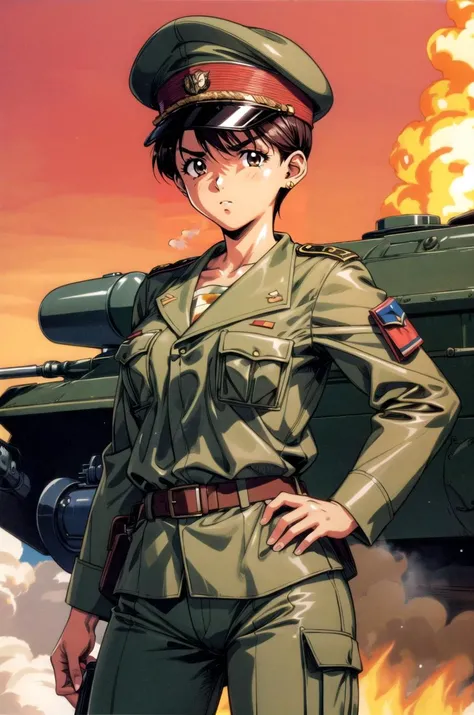 (masterpiece, best quality, detailed), 1girl, solo, mizukito, tan, earrings, retro artstyle, looking at viewer,
military uniform, military, soldier, belt, green pants, camouflage, military hat, brown jacket, world war ii, war, military vehicle, battlefield, battle, dust, smoke, burning, fire, red sky, explosion, contrapposto, serious, v-shaped eyebrows