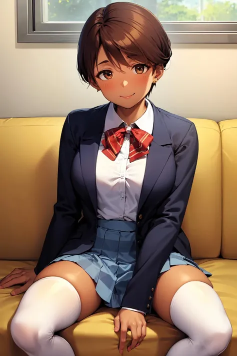 mizukito, 1girl, solo, tan, earrings, school uniform, blazer, shirt, red ribbon, pleated skirt, striped skirt, white thighhighs, sitting, smile, looking at viewer, window, couch <lora:mizukito_V2-10:0.7>