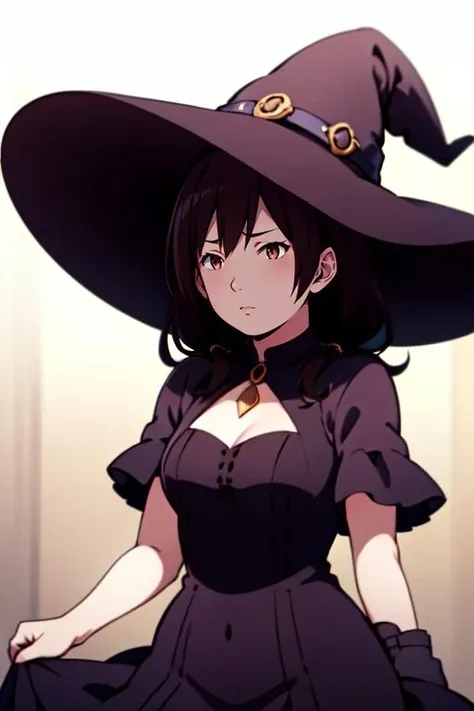 <lora:SumireHaraR4:0.8>,SumireHaraR4,1girl, masterpiece, highres, best quality, , brown hair, brown eyes, witch dress, witch hat