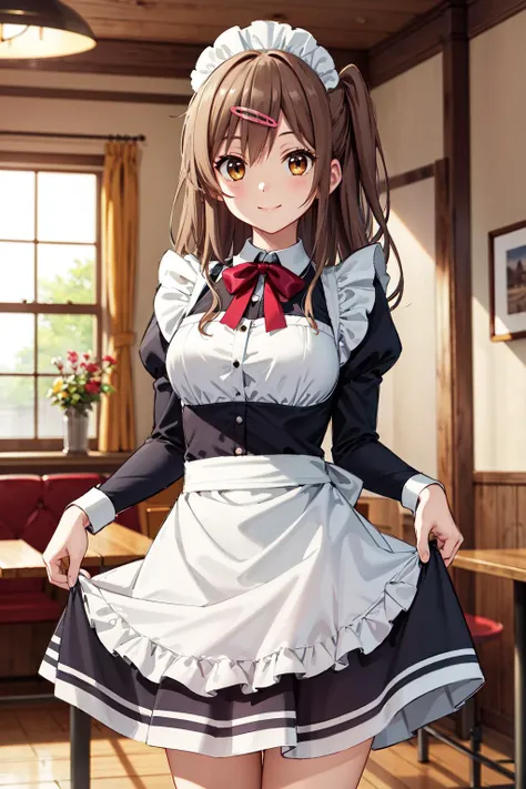 masterpiece,best quality,highres,ultra-detailed,aashinka,long hair,one side up,hairclip,<lora:nibutani_shinka:0.7>,indoors,cafe,maid,maid headdress,apron,skirt hold,standing,cowboy shot,smile,