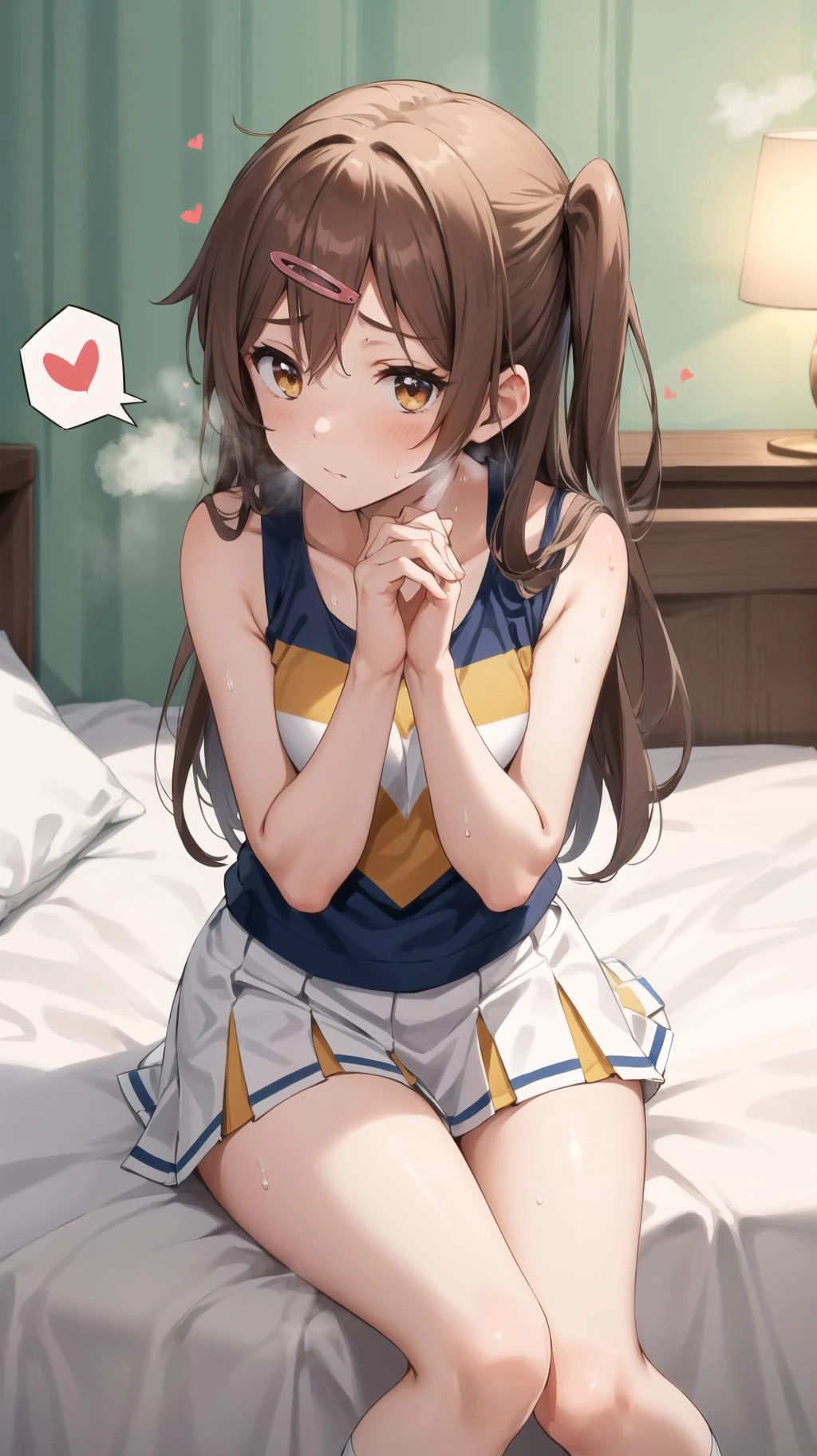 masterpiece, best quality, highres, BREAK,
<lora:nibutani_shinka:0.7>,ccshinka,long hair,one side up,hairclip,cheerleader,shirt,sleeveless shirt,skirt,white skirt,socks,white socks
,
(spoken hearts:1.2),(sweat:1.1),(deep breathe:1.2),(on bed:1),(steam:1.2) ,presenting, looking at viewer
,(disheveled hair:1.1),(moonlit room:1.1),(soft bed linens:1.1)
