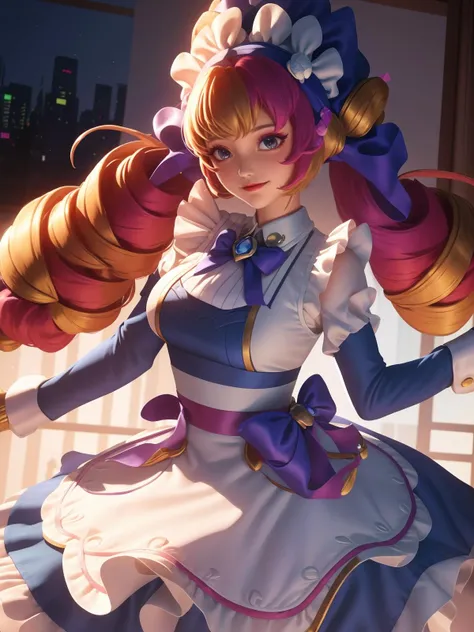 1girl, bow,multicolored hair, bowtie, drill hair, twin drills, bangs, long sleeves, maid headdress, maid apron, frills,ribbon,looking at viewer, cityscape, night,standing, jewelry, blue sleeve, blue apron, <lora:LOLgewenSweatcoffee_20230718182350-000008:0.8>