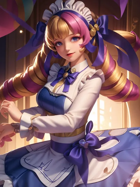 1girl, bow,multicolored hair, bowtie, drill hair, twin drills, bangs, long sleeves, maid headdress, maid apron, frills,ribbon,looking at viewer, cityscape, night,standing, jewelry, blue sleeve, blue apron, <lora:LOLgewenSweatcoffee_20230718182350-000008:0.8>