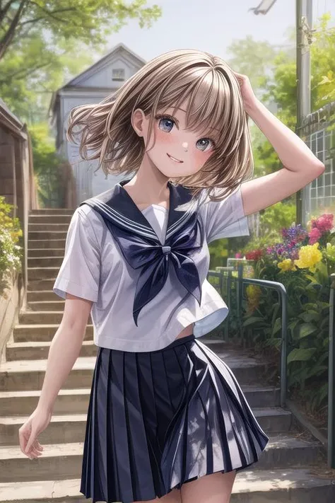 ultra-detailed,masterpiece,best quality,jcf, 1girl,petite,upper body,close up,school garden,stair,jumping,smile,shirt,skirt, <lora:JCF:0.8> <lora:add_detail:1.5>