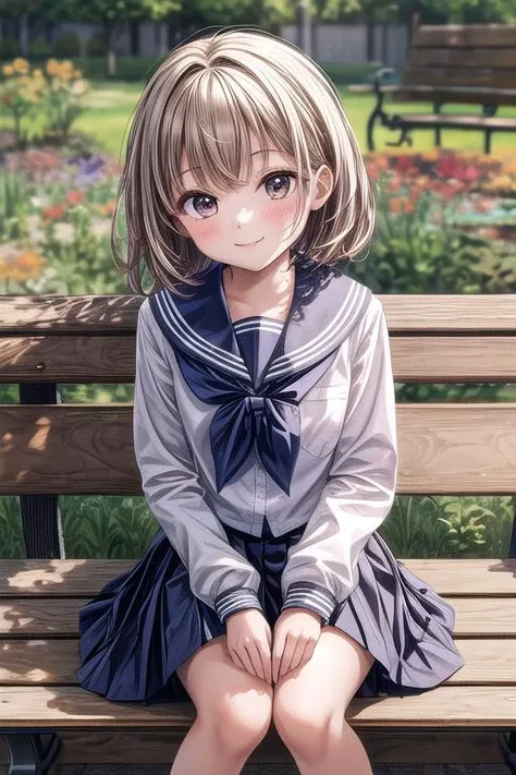 ultra-detailed,masterpiece,best quality,jcf, 1girl,petite,upper body,close up,school garden,bench,smile,shirt,skirt, <lora:JCF:0.8> <lora:add_detail:1.5>