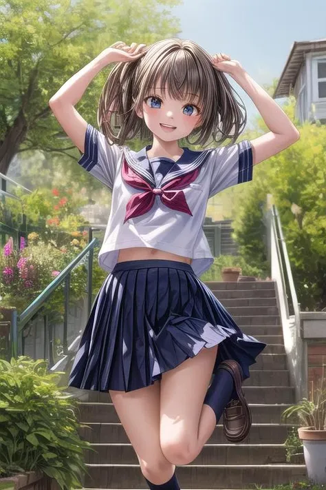 very cute girl、(girl、Upper grades of elementary school)、dark brown hair、bob cut、short hair、Violet eyes、smile、Crystal clear white skin、White sailor color、Blitzskirt、whole body、grassland、8K、4K、high resolution、Fine-grained、。