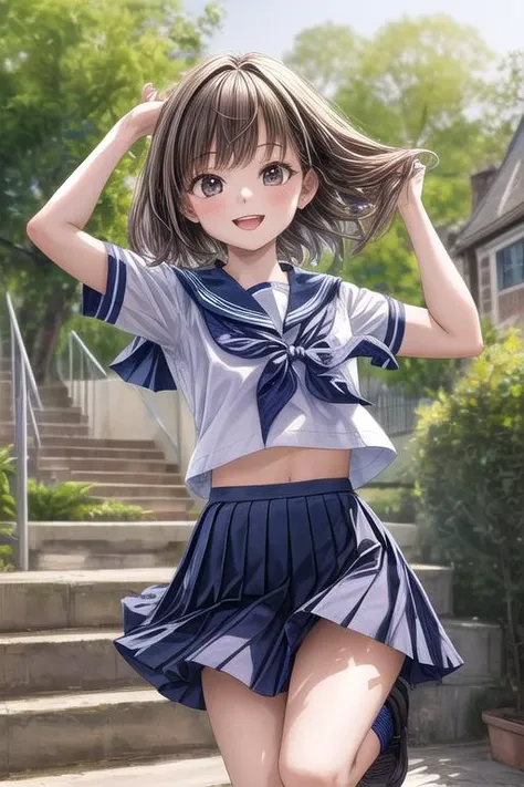 ultra-detailed,masterpiece,best quality,jcf, 1girl,petite,upper body,school garden,stair,jumping,smile,shirt,skirt, <lora:JCF:0.8> <lora:add_detail:1.5>