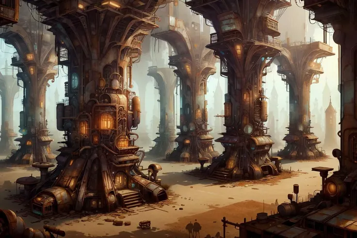 <lora:WorldofScrap:1>, worldofscrap, corroded, broken, Junker, Futuristic City Secret Society,Reed,Pillar,Frogs Leaping , dusk, volumetric lighting, ,