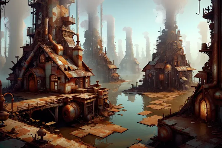 <lora:WorldofScrap:1>, worldofscrap, corroded, broken, Junker, Worn-out architecture Urban Landscape Parallel Universe,Waterlogged Vegetation,Tidal Pool , morning, volumetric lighting, ,