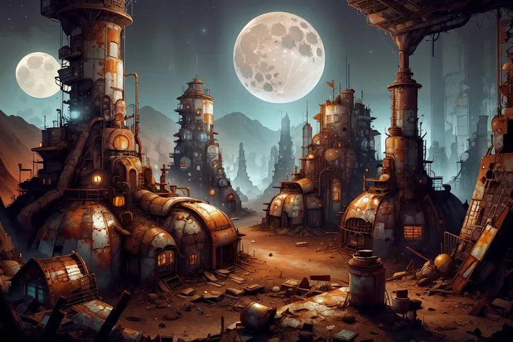 <lora:WorldofScrap:1>, worldofscrap, corroded, broken, Junker, Valleys Lunar Surface,Post-Apocalyptic Ruins , night, moonlight, volumetric lighting, ,