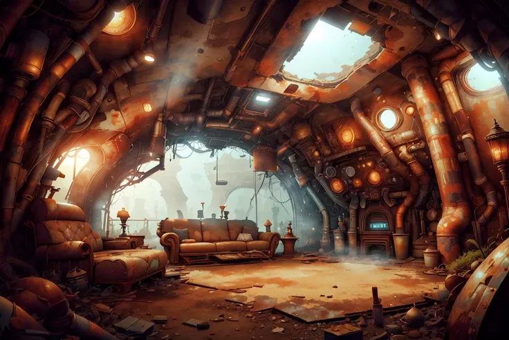 <lora:WorldofScrap:1>, worldofscrap, corroded, broken, Junker, Oasis Underground World,Gambrel Roof,Mariana Trench , dusk, volumetric lighting, ,