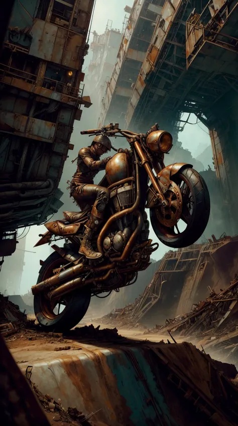 RAW Photo of worldofscrap a daredevil motorcycle stunt taking place in a deep quarry, corroded, broken, junker <lora:WorldofScrap:1><lora:add_detail:0.6> <lora:LowRa:0.2>, (Masterpiece:1.3) (best quality:1.2) (high quality:1.1), detailed,film lighting,natural lighting,hyperdetailed,8k,film grain,dynamic composition,incredibly detailed,sharpen,Establishing shot