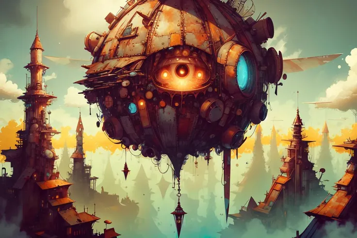 DREAD, <lora:WorldofScrap:1>, worldofscrap, corroded, broken, Junker, chris achilleos, detailed expressive eyes, fantasy style, the regal looking many-eyed bladebelly, a creature of the lampremblative skies, shown here with its majestic ostonfering wings outstretched as it soars above a jiggered realm of paffling islands and vibrant cascading danglefuzz of planet niceone ii , midnight, volumetric lighting, ,