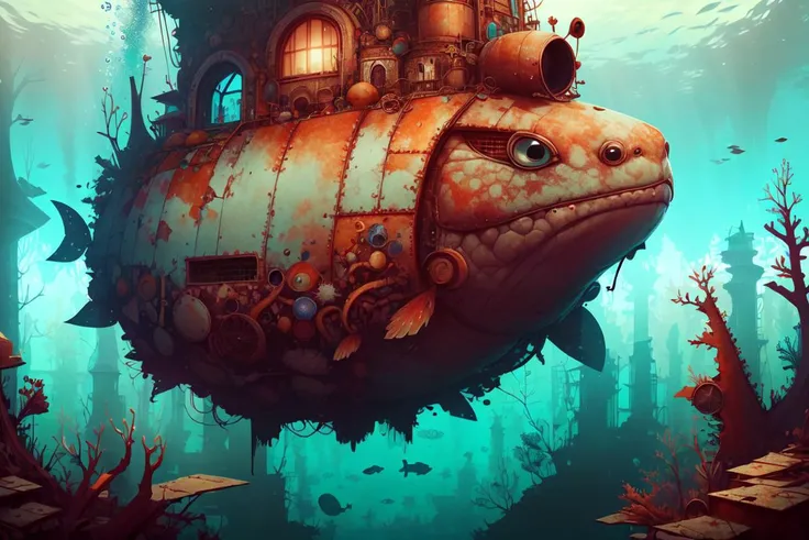 DREAD, <lora:WorldofScrap:1>, worldofscrap, corroded, broken, Junker,  julie baroh, detailed expressive eyes, fantasy style, the legendary big-nosed watertoad, an enormous and majestic underwater creature, its large iridescent scales and blibberblab glistening as it plortifies through a mancfrubbled coral reef with its vibrant sea life and the submerged thwindered ruins of planet you'renotwelcomegoaway , morning, volumetric lighting, ,
