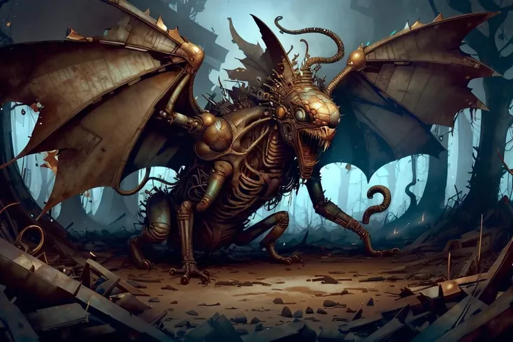 DREAD, <lora:WorldofScrap:1>, worldofscrap, corroded, broken, Junker, Large Serpentine Subterranean Textured Anthropomorphic, Four-Fingered Hands, Bifurcated-Tailed, Spiked-Tailed, Fur, Bat-Like Ears, fire Wings, , horror, night, volumetric lighting,