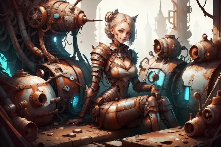 <lora:WorldofScrap:1.0>, worldofscrap, 1girl, armoured dress, sitting, smiling, looking at viewer, corroded, broken, junker,