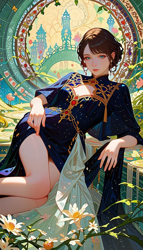 score_9, score_8_up, score_7_up, highly detailed, intricate detail, 1 girl, solo, lay down, absurdres, fantasy, delicate, dream, outer world, bloom, unimaginable, translucent color, many color, art deco, nouveau, many color, mist, looking at viewer, low angle