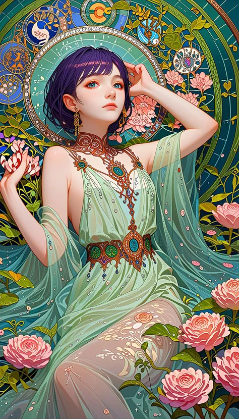 score_9, score_8_up, score_7_up, highly detailed, intricate detail, 1 girl, solo, lay down, absurdres, fantasy, delicate, dream, outer world, bloom, unimaginable, translucent color, many color, art deco, nouveau, many color, mist, looking at viewer