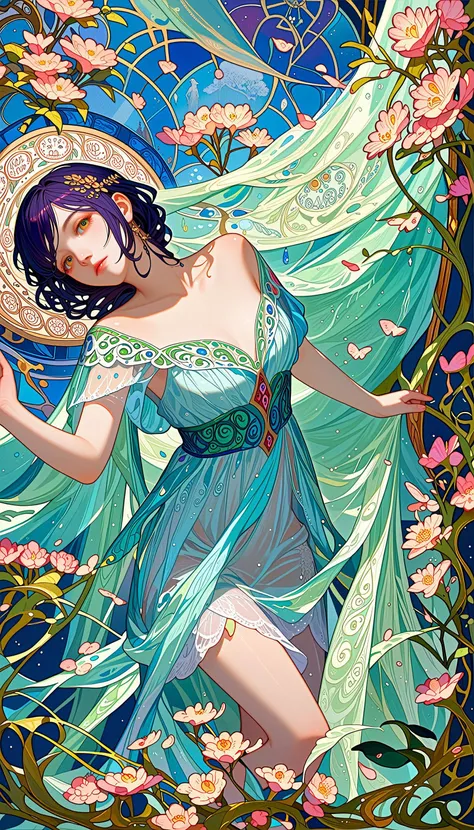 score_9, score_8_up, score_7_up, highly detailed, intricate detail, 1 girl, solo, lay down, absurdres, fantasy, delicate, dream, outer world, bloom, unimaginable, translucent color, many color, art deco, nouveau, many color, mist, looking at viewer