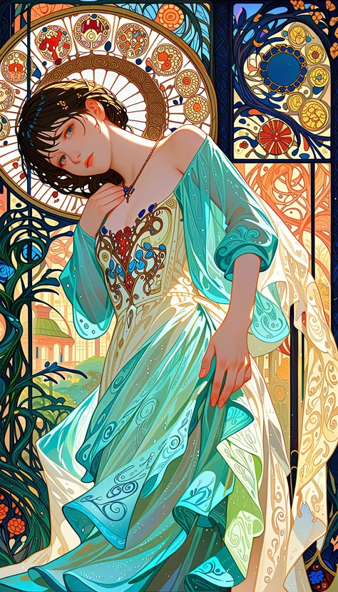 score_9, score_8_up, score_7_up, highly detailed, intricate detail, 1 girl, solo, lay down, absurdres, fantasy, delicate, dream, outer world, bloom, unimaginable, translucent color, many color, art deco, nouveau, many color, mist, looking at viewer