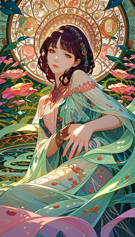 score_9, score_8_up, score_7_up, highly detailed, intricate detail, 1 girl, solo, lay down, absurdres, fantasy, delicate, dream, outer world, bloom, unimaginable, translucent color, many color, art deco, nouveau, many color, mist, looking at viewer, low angle