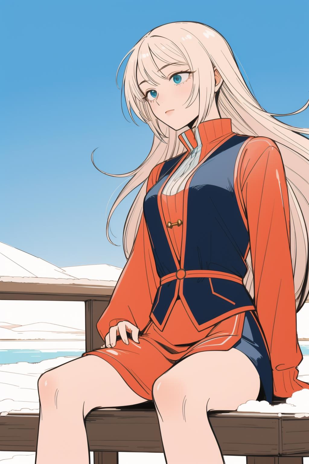 A woman sitting on a bench in the snow with long white hair - SeaArt AI